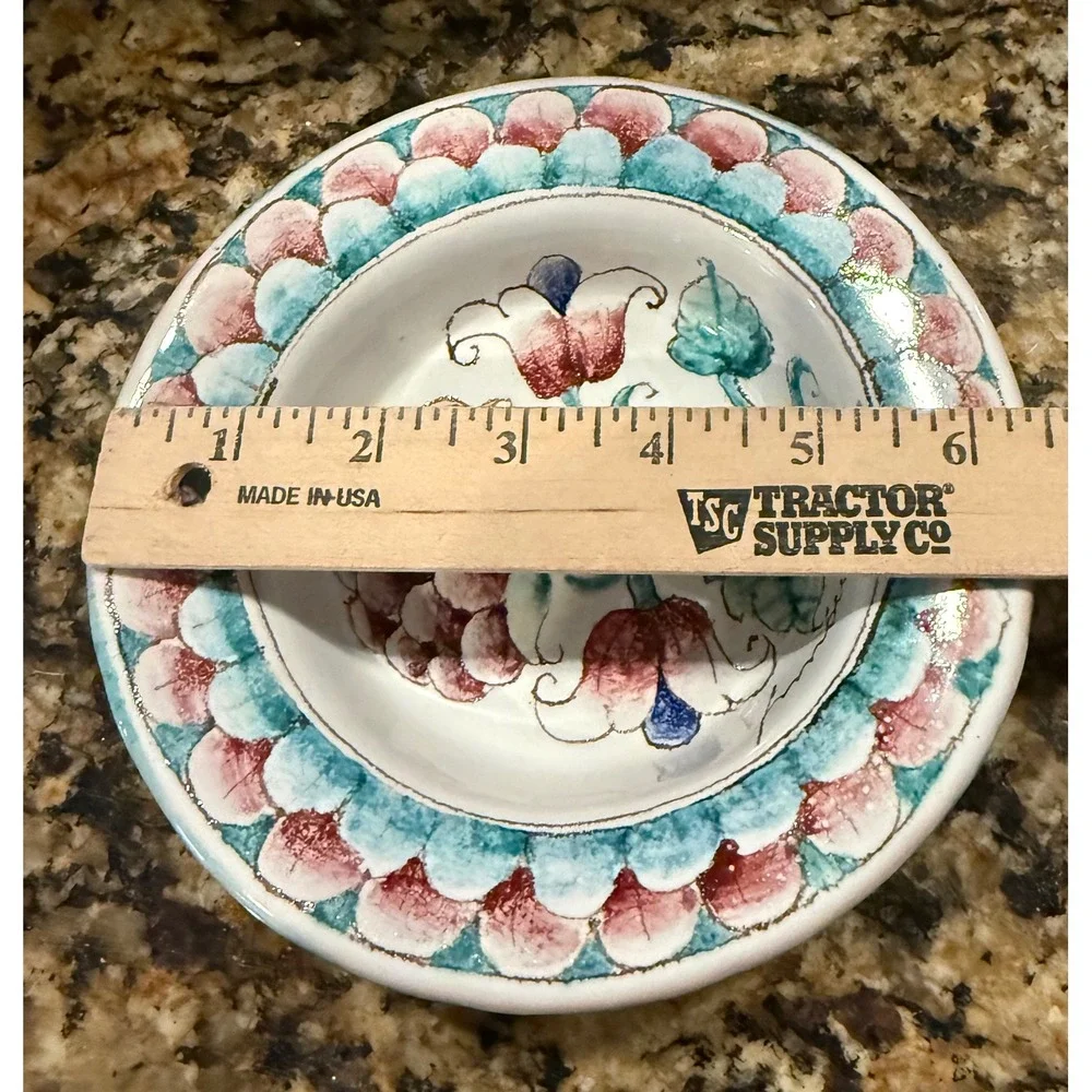 Bowl Trinket Dish Teal Pink Hand Painted Floral Ceramic 6.5 Inch Cottage Boho